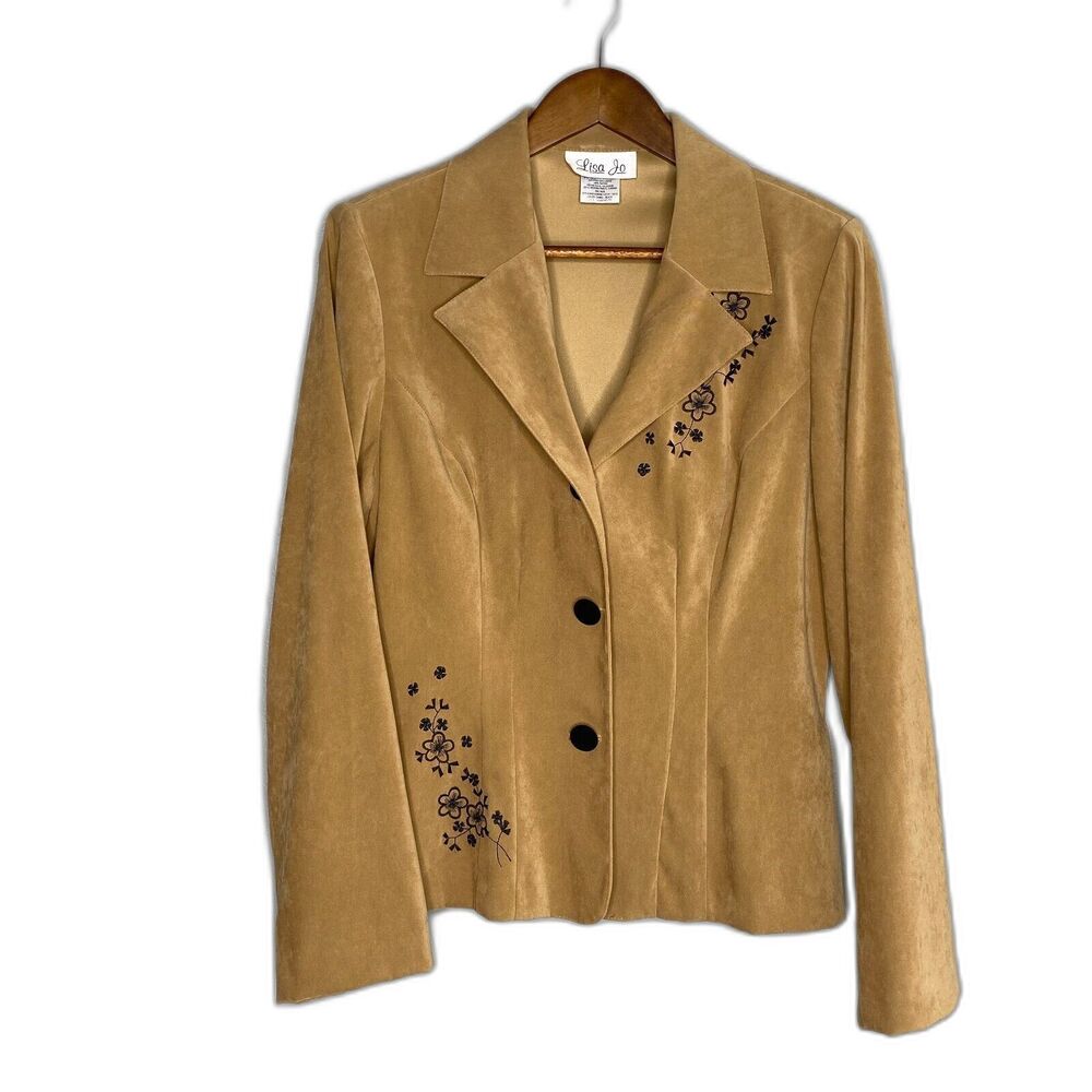 Lisa Jo Women's Blazer 14 Tan Black Floral Embroidered Faux Suede Lightweight
